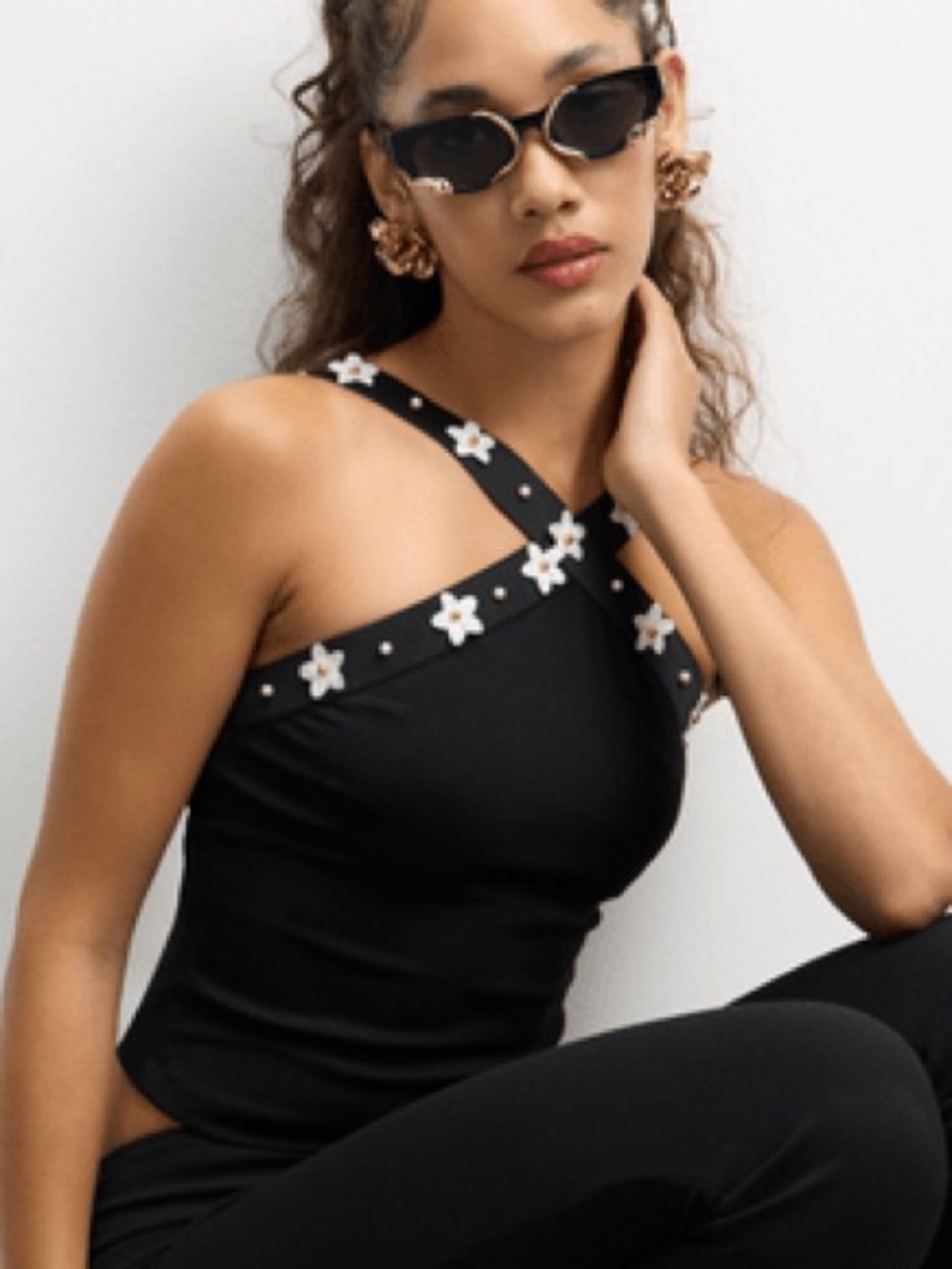 ZARA NWT Black  Floral Trim Halter bodysuit Top size L ref 5584/226 coquette y2k